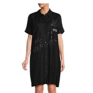 KARL LAGERFELD Paris Rhinestone Black Linen Blend Shirt Dress Tunic S NWT $139